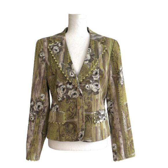 Vintage Betu Sport Blazer Jacket Green Tan Floral Paisley Scalloped Trim Size 8 - Picture 1 of 12